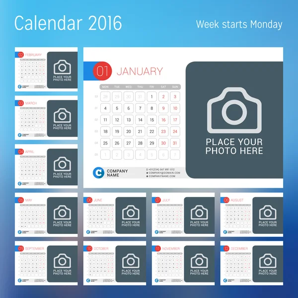 Календар на 2016 рік. Шаблон векторного дизайну друку з місцем для фотографії. Тиждень починається з понеділка. Набір з 12 сторінок календаря. Дизайн канцелярського приладдя — стоковий вектор