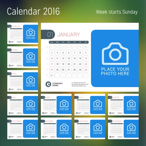 Calendário para 2016 ano. Modelo de impressão de design vetorial com lugar para foto. A semana começa domingo. Conjunto de 12 páginas de calendário. Desenho de papelaria —  Vetores de Stock