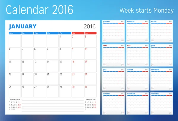 Calendario per l'anno 2016. Modello di progettista. Modello di stampa vettoriale. La settimana inizia lunedì. Set di 12 pagine del calendario. Progettazione di articoli di cancelleria — Vettoriale Stock