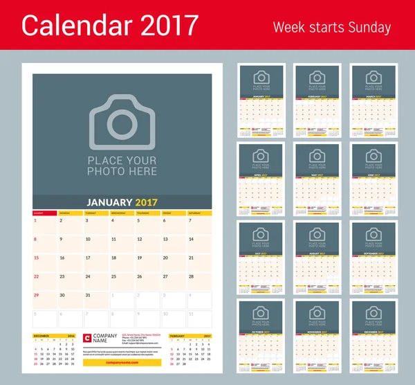 Calendário mensal de parede para 2017 Ano. Modelo de impressão de design vetorial com lugar para foto. Modelo de Planner 2017. A semana começa no domingo. 3 Meses na página. Modelo de Planner. Design de artigos de papelaria — Vetor de Stock