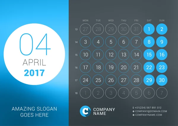 Takvim şablonu Nisan 2017. Vektör tasarım fotoğraf, şirket logosu, sloganı ve iletişim bilgileri için yer yazdırma şablonu. Koyu arka plan. Hafta başlıyor Pazartesi