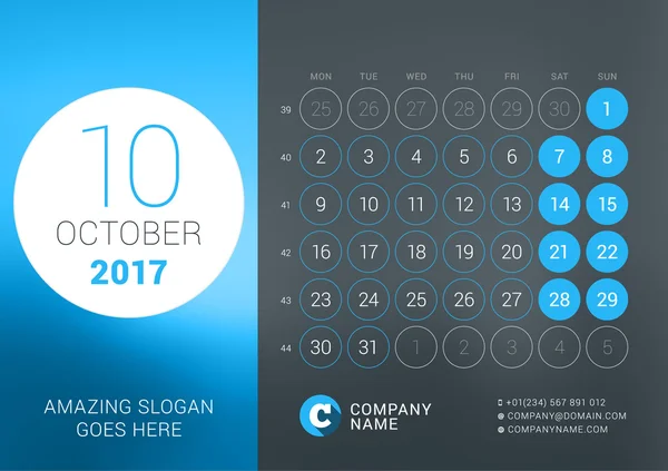 Modelo de calendário para outubro de 2017. Modelo de impressão de design vetorial com lugar para foto, logotipo da empresa, slogan e informações de contato. Fundo escuro. Semana começa segunda-feira —  Vetores de Stock