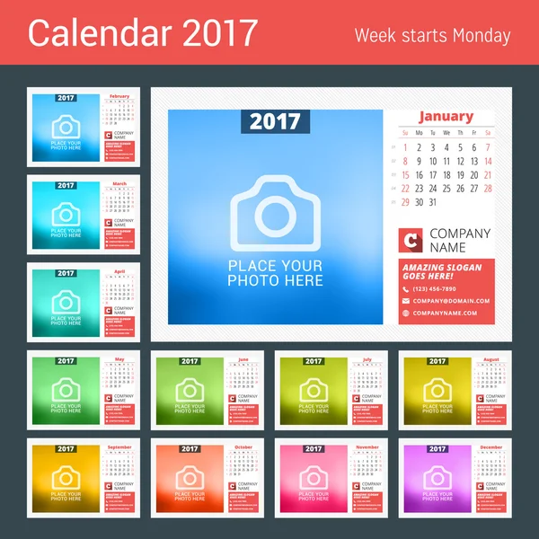Biurko szablon kalendarza na rok 2017. 12 miesięcy. Wektor wydruku szablonu z miejscem na zdjęcie. Tydzień rozpoczyna się w niedzielę. Stron kalendarza. Projektowanie papeterii — Wektor stockowy