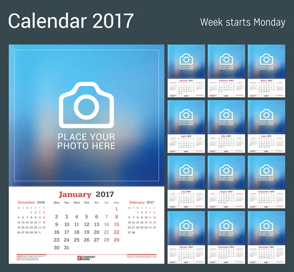 Calendário mensal de parede para 2017 Ano. Modelo de impressão de design vetorial com lugar para foto. A semana começa segunda-feira. 3 Meses na página —  Vetores de Stock