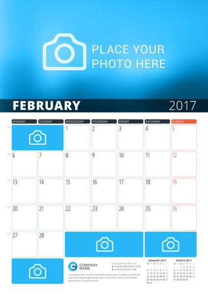 Február 2017. Fali naptár Planner sablon a 2017 év. Vektor tervez nyomtatvány mintadeszka-val hely részére fénykép és jegyzék. A hét hétfővel kezdődik. 3 hónap az oldalon — Stock Vector
