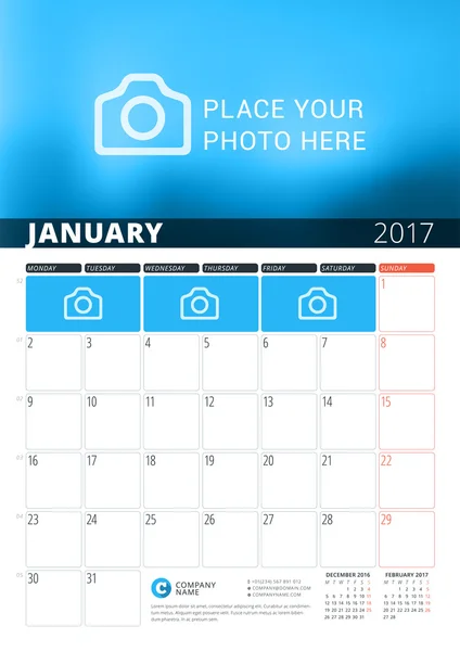 Január 2017. Fali naptár Planner sablon a 2017 év. Vektor tervez nyomtatvány mintadeszka-val hely részére fénykép és jegyzék. A hét hétfővel kezdődik. 3 hónap az oldalon — Stock Vector