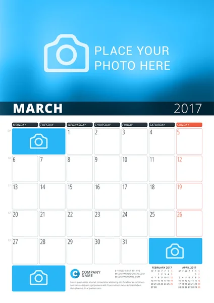 Március 2017. Fali naptár Planner sablon a 2017 év. Vektor tervez nyomtatvány mintadeszka-val hely részére fénykép és jegyzék. A hét hétfővel kezdődik. 3 hónap az oldalon — Stock Vector
