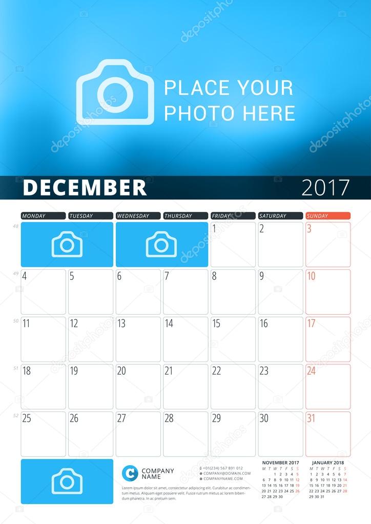 December 2017. Wall Calendar Planner Template for 2017 Year. Vector Design Print Template with Place for Photo and Notes. Week Starts Monday. 3 Months on Page