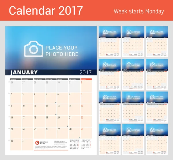 Wall Calendar Planner para 2017 Ano. Modelo de impressão de design vetorial com lugar para foto e notas. Fases da Lua. A semana começa segunda-feira. 3 Meses na página. Conjunto de 12 Meses —  Vetores de Stock