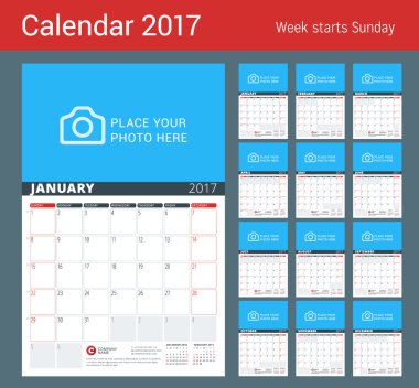 2017 Yılı Duvar Takvimi Planlayıcısı. Fotoğraf ve Notlar için Yer ile Vektör Tasarım Yazdırma Şablonu. Hafta Pazar başlar. Sayfada 3 Ay. 12 Ay Seti