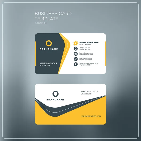 Modelo de impressão de cartão de visita corporativo. Cartão de visita pessoal com logotipo da empresa. Cores preto e amarelo. Design plano limpo. Ilustração vetorial. Mockup de cartão de visita — Vetor de Stock