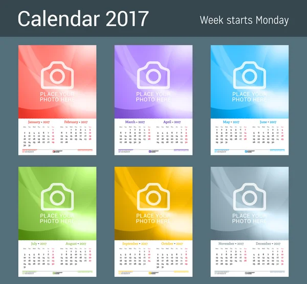 Calendário mensal de parede para 2017 Ano. 2 Meses na página. Modelo de impressão de design vetorial com lugar para foto. A semana começa segunda-feira. Design de artigos de papelaria —  Vetores de Stock