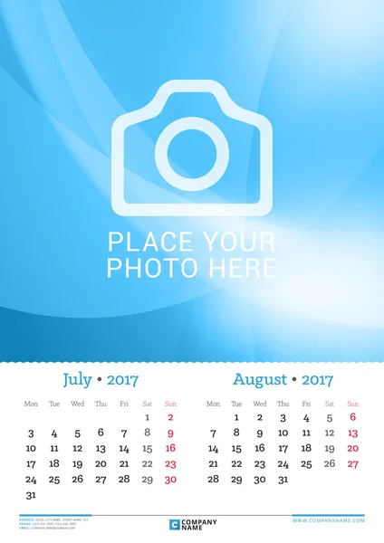 Calendrier mensuel mural pour 2017 Année. 2 Mois sur la page. Juillet et août. Modèle d'impression vectoriel avec place pour la photo. La semaine commence lundi. Conception de papeterie — Image vectorielle