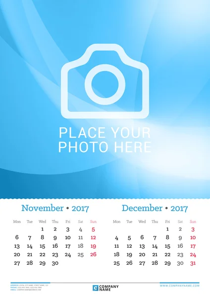 Muro Calendario mensual para 2017 Año. 2 Meses en la página. Noviembre y diciembre. Plantilla de impresión de diseño vectorial con lugar para la foto. La semana empieza el lunes. Diseño de papelería — Vector de stock