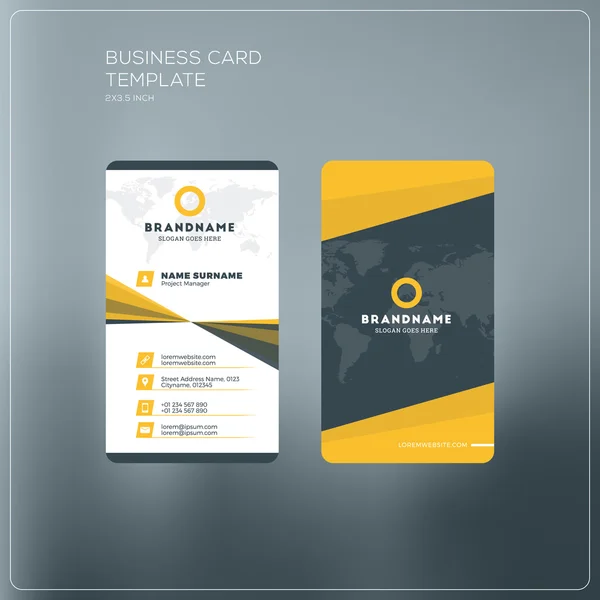 Вертикальный шаблон печати визитной карточки. Личная визитка с логотипом компании. Черный и желтый цвета. Чистый плоский дизайн. Векторная иллюстрация. Макет визитки — стоковый вектор