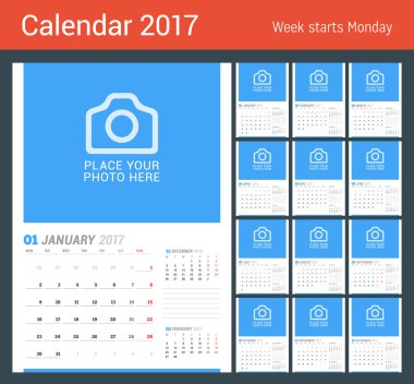 Duvar 2017 yıl için aylık takvim. Vektör tasarım yer için fotoğraf yazdırma şablonu. Hafta başlıyor Pazartesi. Sayfa 3 ay. Planlayıcısı şablonu. İleti örneği tasarım
