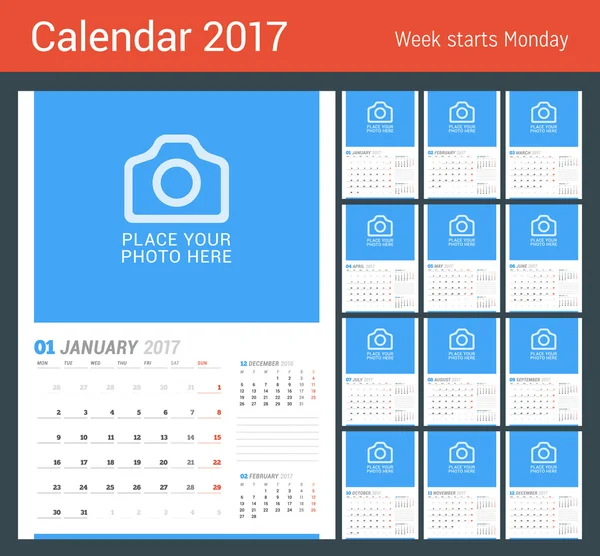 Calendário mensal de parede para 2017 Ano. Modelo de impressão de design vetorial com lugar para foto. A semana começa segunda-feira. 3 Meses na página. Modelo de Planner. Design de artigos de papelaria —  Vetores de Stock