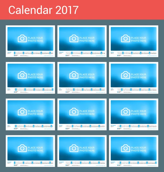 Muro Calendario mensual para 2017 Año. Conjunto de 12 meses. Plantilla de impresión de diseño vectorial con lugar para la foto. Orientación al paisaje — Vector de stock