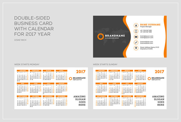 Double-sided business card template with calendar for 2017 year. Week starts Monday. Week starts Sunday. Landscape orientation. Vector Illustration