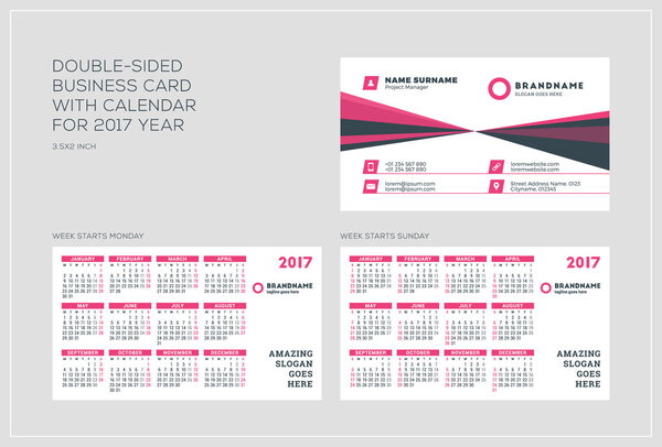Double-sided business card template with calendar for 2017 year. Week starts Monday. Week starts Sunday. Landscape orientation. Vector Illustration