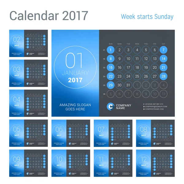 Schreibtischkalender für 2017 Jahr. Vektor Design Druckvorlage mit Platz für Foto. Die Woche beginnt am Sonntag. Kalenderraster mit Wochenzahlen — Stockvektor