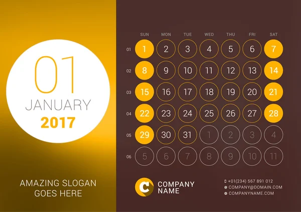 Январь 2017 года. Настольный календарь на 2017 год. Шаблон для печати векторного дизайна с местом для фотографии. Неделя начинается в воскресенье. Календарная сетка с номерами недель — стоковый вектор