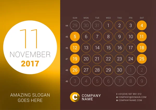 Novembro de 2017. Calendário de Mesa para 2017 Ano. Modelo de impressão de design vetorial com lugar para foto. A semana começa no domingo. Grade de calendário com números de semana —  Vetores de Stock