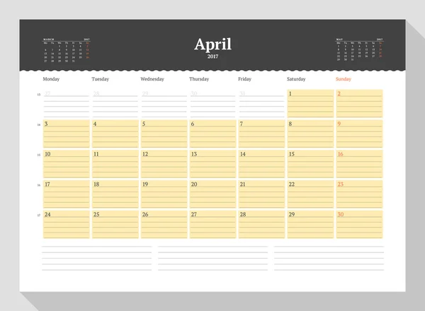 Šablona kalendáře na rok 2017. Duben. Obchodní Planner 2017 šablona. Šablonu návrhu. Týden začíná v pondělí. 3 měsíce na stránce. Vektorové ilustrace — Stockový vektor