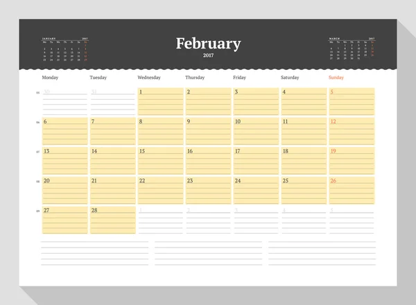 Szablon kalendarza na rok 2017. Lutego. Business Planner 2017 szablonu. Projektowanie papeterii. Tydzień rozpoczyna się w poniedziałek. 3 miesięcy na stronie. Ilustracja wektorowa — Wektor stockowy