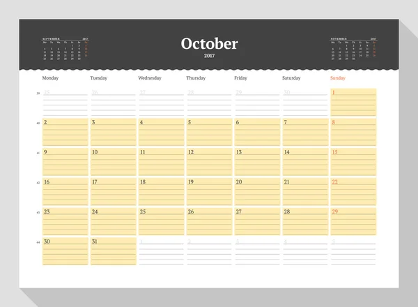 Modelo de calendário para 2017 Ano. Outubro. Modelo de Business Planner 2017. Desenho de papelaria. A semana começa segunda-feira. 3 Meses na página. Ilustração vetorial —  Vetores de Stock