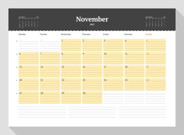 Šablona kalendáře na rok 2017. Listopadu. Obchodní Planner 2017 šablona. Šablonu návrhu. Týden začíná v pondělí. 3 měsíce na stránce. Vektorové ilustrace — Stockový vektor