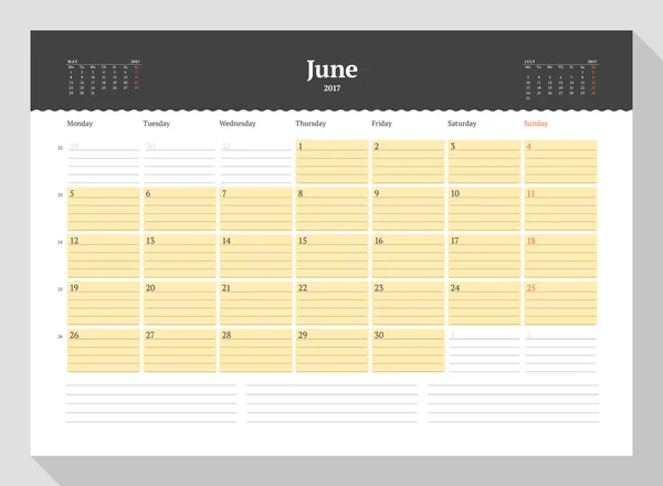 Plantilla de calendario para 2017 Año. Junio. Plantilla Business Planner 2017. Diseño de Papelería. La semana comienza el lunes. 3 meses en la página. Ilustración vectorial — Vector de stock