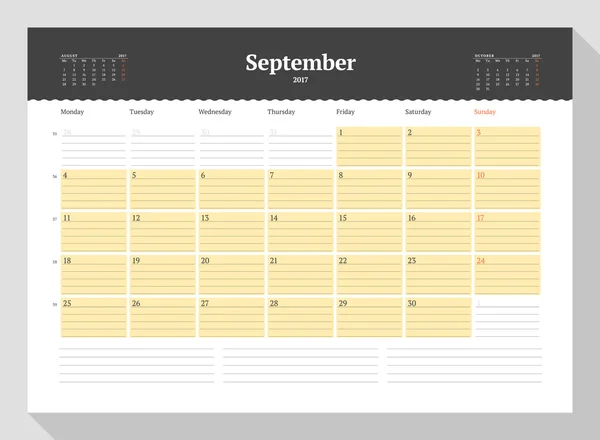 Modelo de calendário para 2017 Ano. Setembro. Modelo de Business Planner 2017. Desenho de papelaria. A semana começa segunda-feira. 3 Meses na página. Ilustração vetorial —  Vetores de Stock