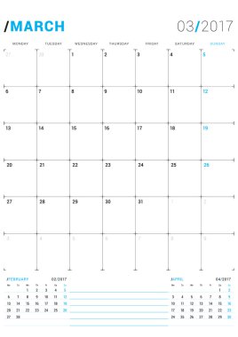 Mart 2017. Vektör Yazdırma Şablonu. 2017 Yılı Aylık Takvim Planlayıcısı. Hafta Pazartesi başlar. Sayfada 3 Ay. Kırtasiye Tasarımı