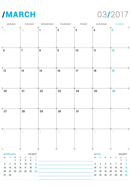 2017 marca. Szablon wydruku wektorowego. Miesięczny kalendarz Planner dla 2017 rok. Tydzień rozpoczyna się w poniedziałek. 3 miesiące na stronie. Projektowanie papeterii — Wektor stockowy