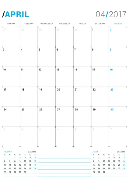 2017 kwietnia. Szablon wydruku wektorowego. Miesięczny kalendarz Planner dla 2017 rok. Tydzień rozpoczyna się w poniedziałek. 3 miesiące na stronie. Projektowanie papeterii — Wektor stockowy