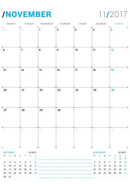 Listopad 2017. Šablona vektorového tisku. Kalendář měsíčního kalendáře pro 2017 rok Týden začíná v pondělí. 3 měsíce na stránce. Návrh šablon — Stockový vektor