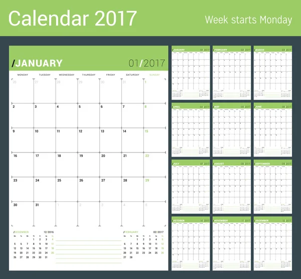 Vektordruckvorlage. monatlicher Kalenderplaner für das Jahr 2017. Die Woche beginnt am Montag. 3 Monate auf der Seite. Schreibwarendesign — Stockvektor