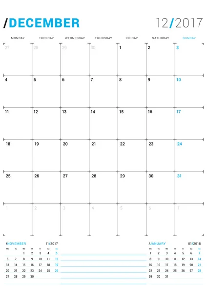 Dezembro de 2017. Modelo de impressão vetorial. Planejador de calendário mensal para 2017 Ano. A semana começa segunda-feira. 3 Meses na página. Design de artigos de papelaria — Vetor de Stock