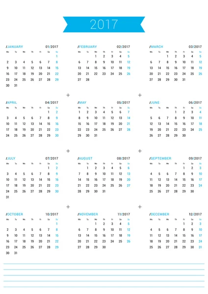 Modello di stampa vettoriale. Calendario per l'anno 2017. La settimana inizia lunedì. Progettazione articoli di cancelleria — Vettoriale Stock