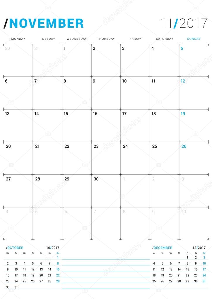 november 2017 vector print template monthly calendar planner for