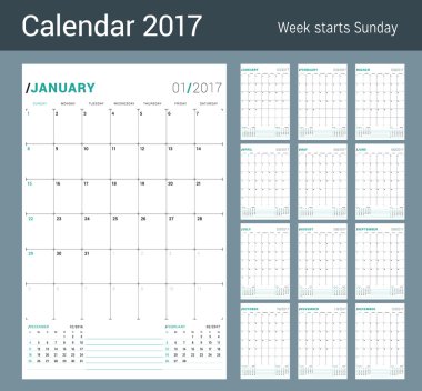 Vektör Yazdırma Şablonu. 2017 Yılı Aylık Takvim Planlayıcısı. Hafta Pazar başlar. Sayfada 3 Ay. Kırtasiye Tasarımı