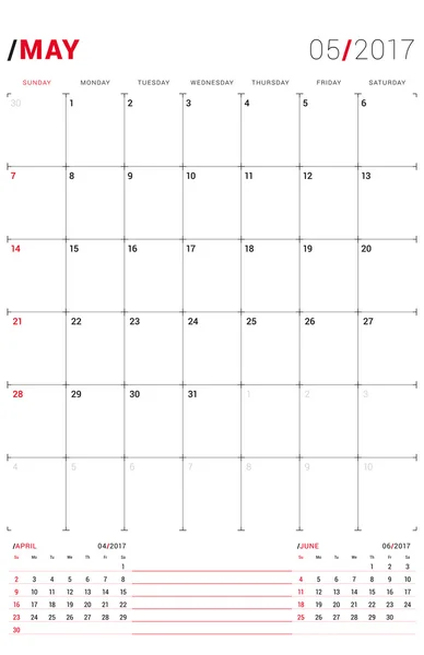 Mai 2017. vektordruckvorlage. monatlicher Kalenderplaner für das Jahr 2017. Die Woche beginnt am Sonntag. 3 Monate auf der Seite. Schreibwarendesign — Stockvektor