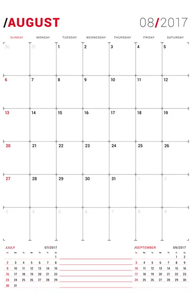 Srpen 2017. Šablona vektorového tisku. Kalendář měsíčního kalendáře pro 2017 rok Týden začíná v neděli. 3 měsíce na stránce. Návrh šablon — Stockový vektor