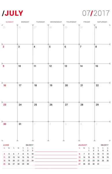 Juli 2017. vektordruckvorlage. monatlicher Kalenderplaner für das Jahr 2017. Die Woche beginnt am Sonntag. 3 Monate auf der Seite. Schreibwarendesign — Stockvektor