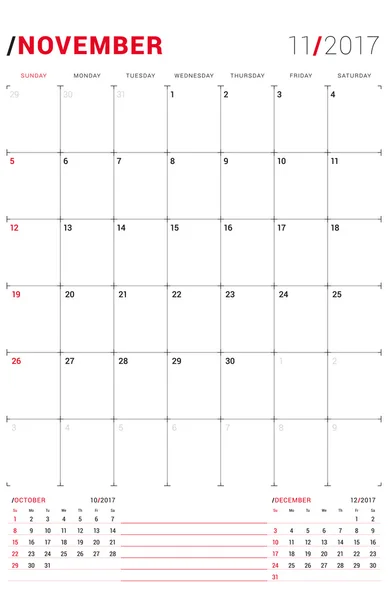 November 2017. vektordruckvorlage. monatlicher Kalenderplaner für das Jahr 2017. Die Woche beginnt am Sonntag. 3 Monate auf der Seite. Schreibwarendesign — Stockvektor