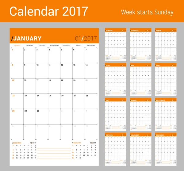Szablon wydruku wektorowego. Miesięczny kalendarz Planner dla 2017 rok. Tydzień rozpoczyna się niedziela. 3 miesiące na stronie. Projektowanie papeterii — Wektor stockowy