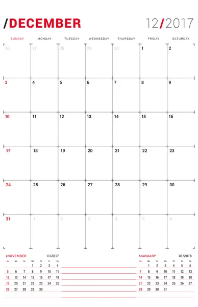 2017 grudnia. Szablon wydruku wektorowego. Miesięczny kalendarz Planner dla 2017 rok. Tydzień rozpoczyna się niedziela. 3 miesiące na stronie. Projektowanie papeterii — Wektor stockowy