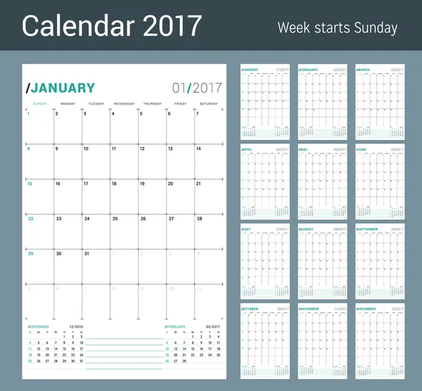 Modèle d'impression vectorielle. Calendrier mensuel Planificateur pour 2017 Année. La semaine commence dimanche. 3 mois sur la page. Conception de papeterie — Image vectorielle
