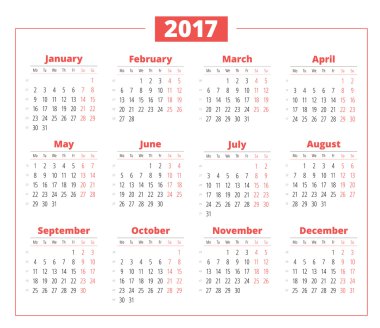 Beyaz arka plan üzerinde 2017 yıl için takvim. Vektör tasarım yazdırma şablonu. Hafta Pazartesi başlıyor. İleti örneği tasarım